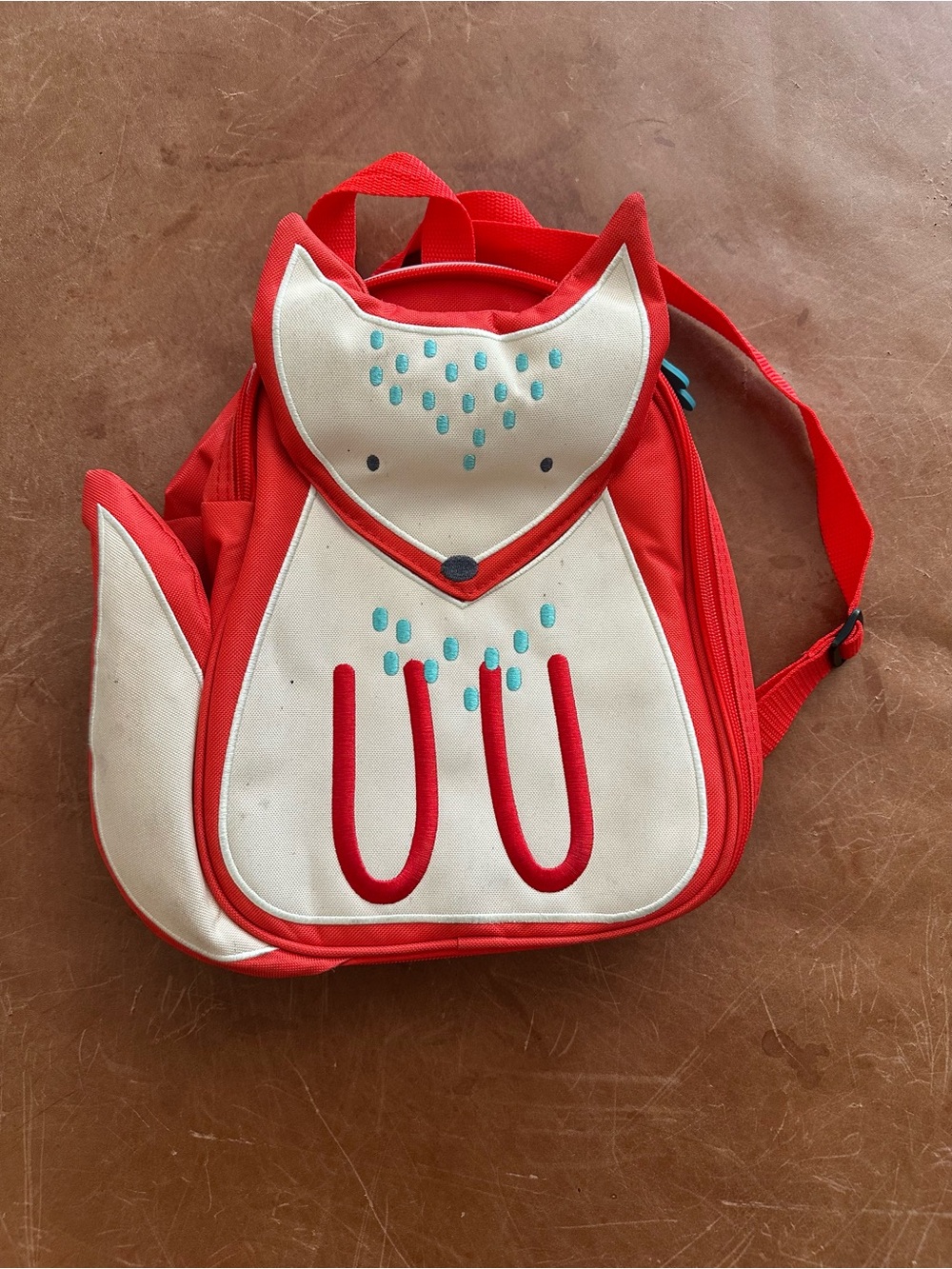 Red and Cream Fox Kids Backpack with Teal Accents